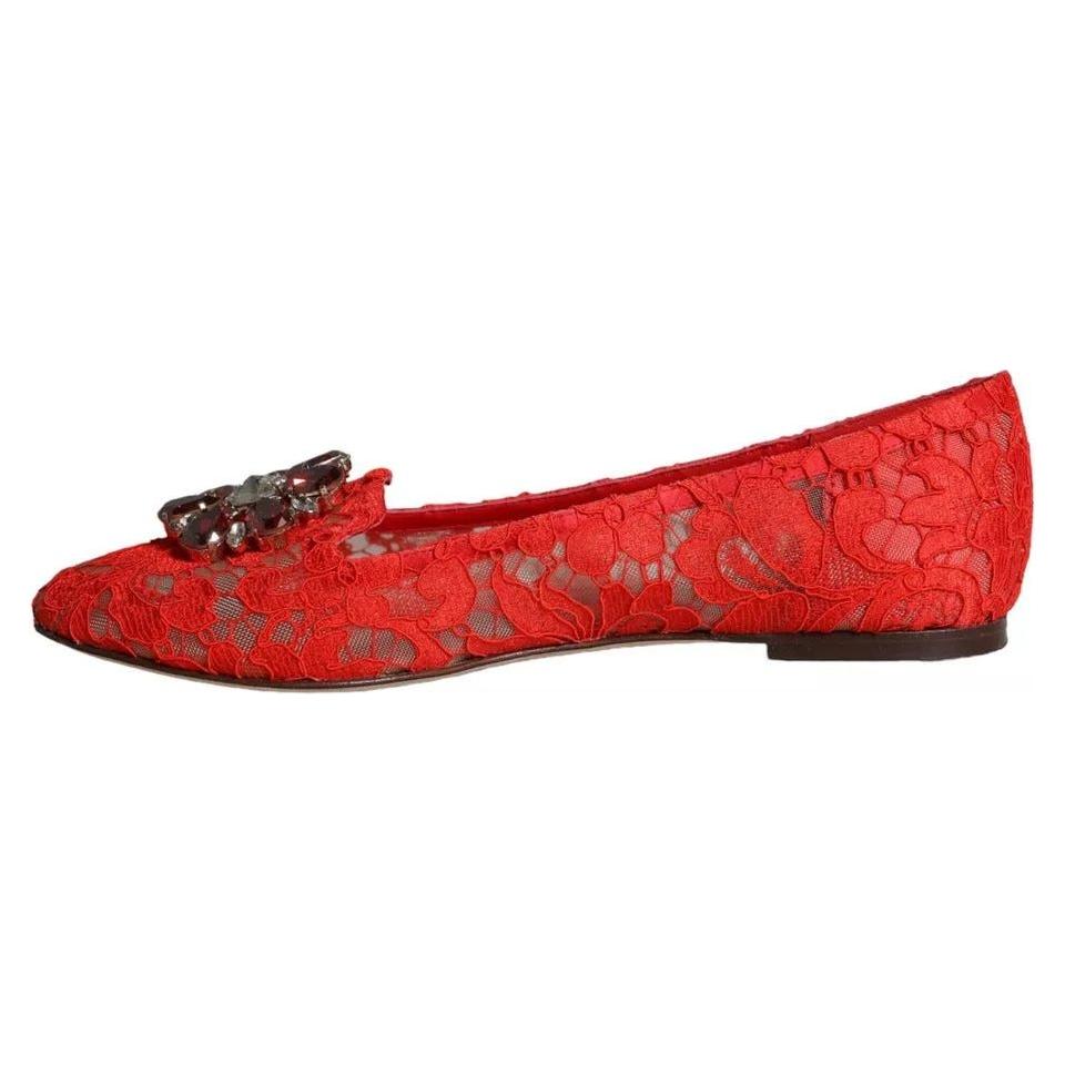 Dolce & Gabbana Red Lace Crystal Ballet Flats Loafers Shoes Dolce & Gabbana