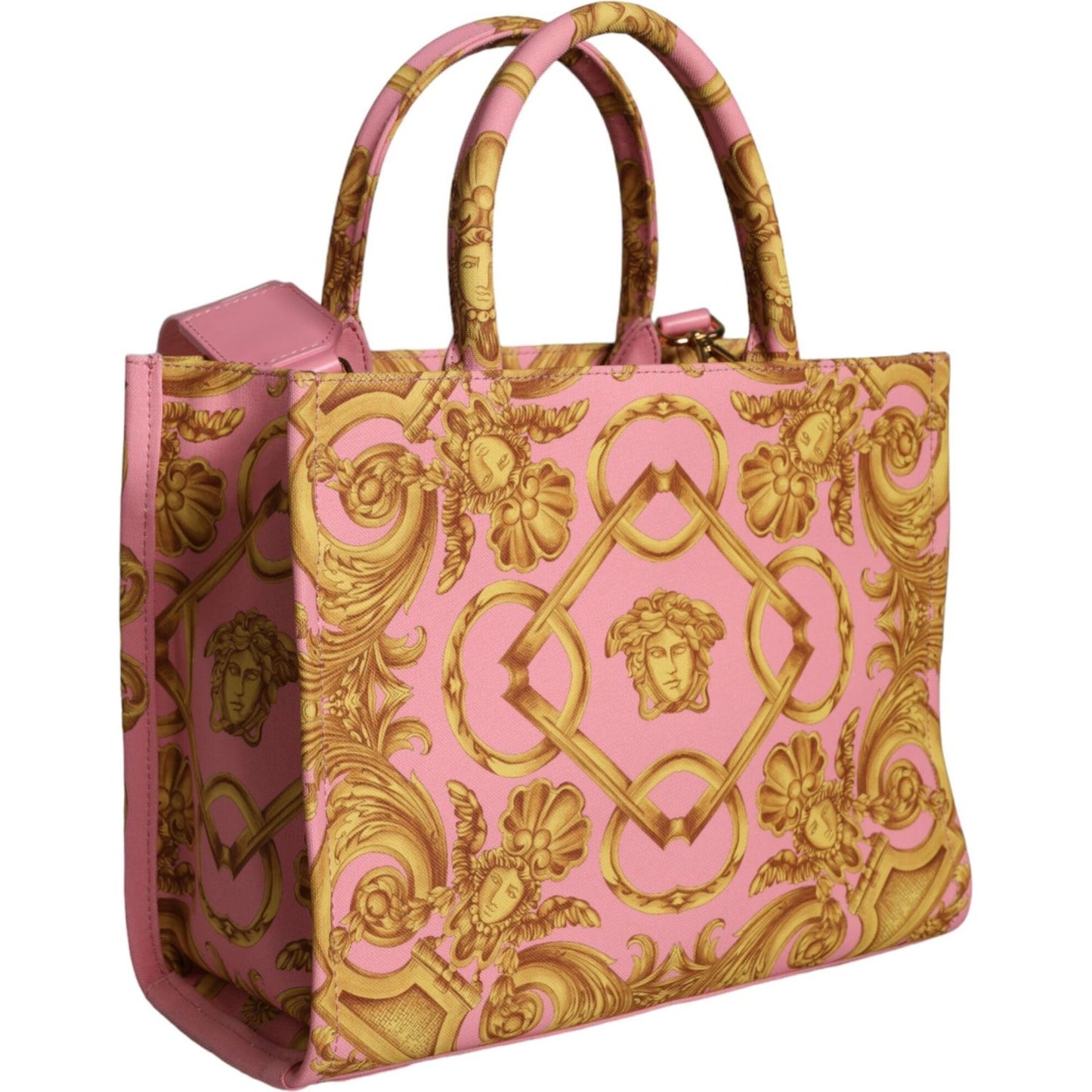 Versace Pink Yellow Baroque Fabric Leather Shopping Tote Bag Versace