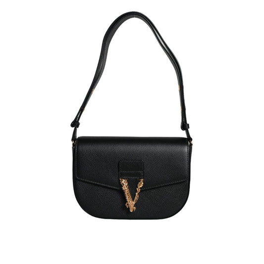 Versace Black Grainy Calf Leather Logo Crossbody Shoulder Bag