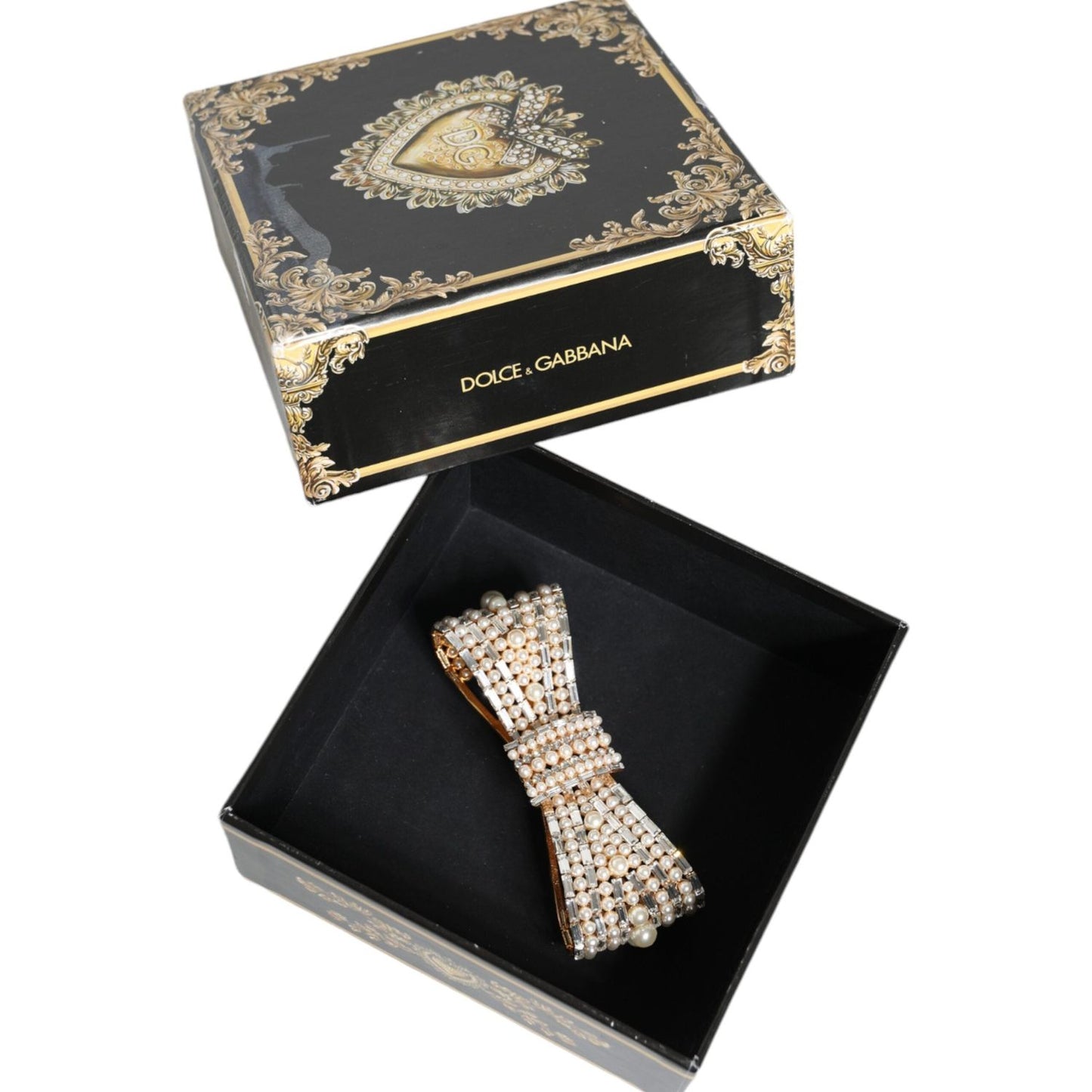 Dolce & Gabbana Gold Tone Brass Bow Crystal FauxPearl Embellished Brooch Dolce & Gabbana