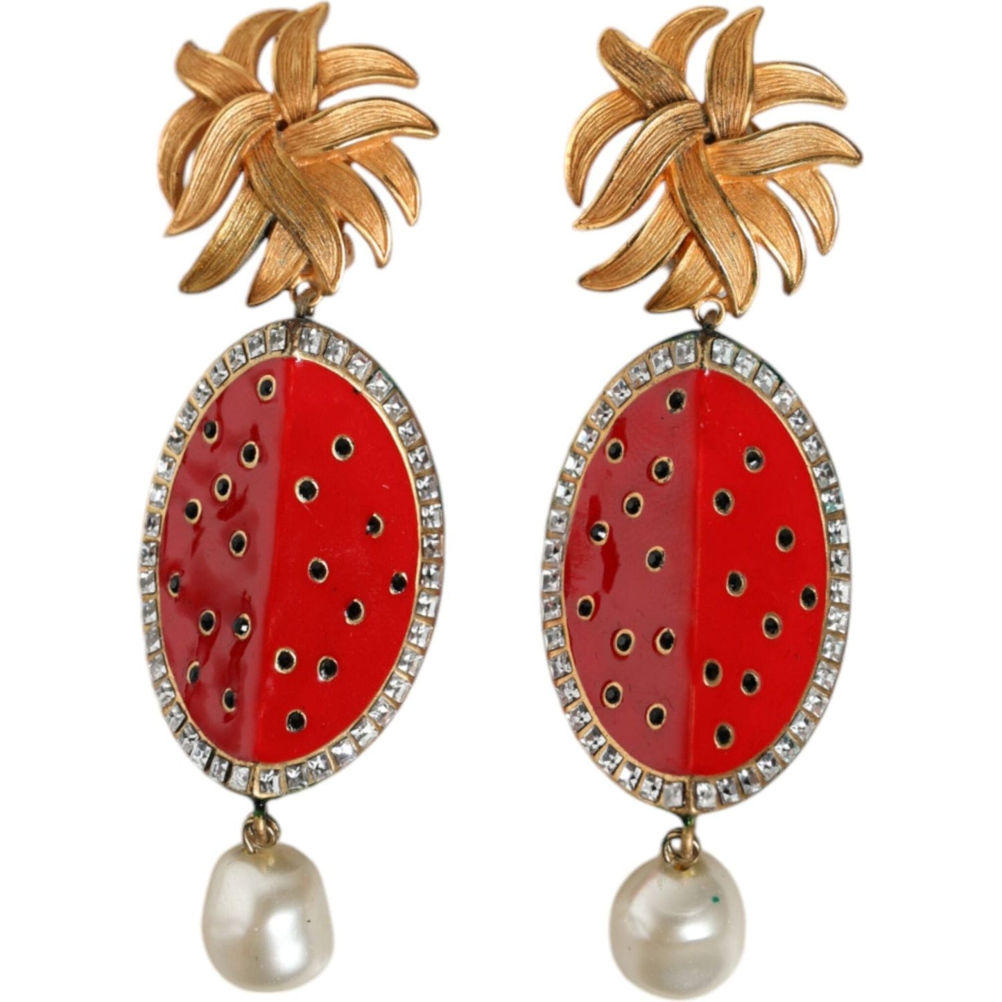 Dolce & Gabbana Red Watermelon Gold Brass Crystal Clip Dangling Earrings Earrings Dolce & Gabbana