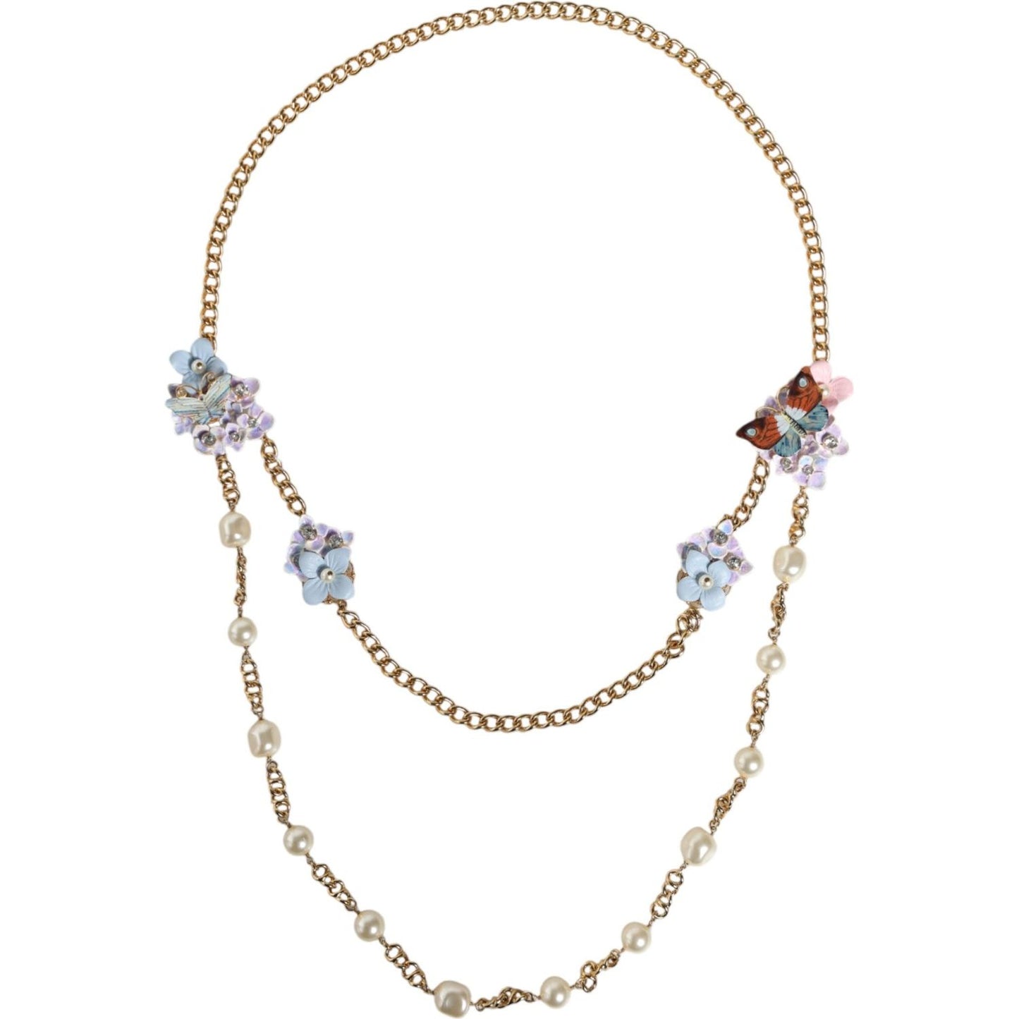 Dolce & Gabbana Gold Chain Brass Floral Layered Crystal Pearl Necklace Dolce & Gabbana