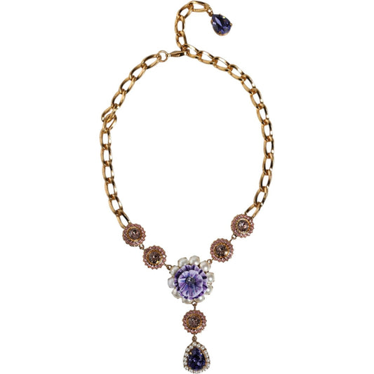 Dolce & Gabbana Gold Brass Crystal Purple Pink Pearl Pendants Necklace Dolce & Gabbana