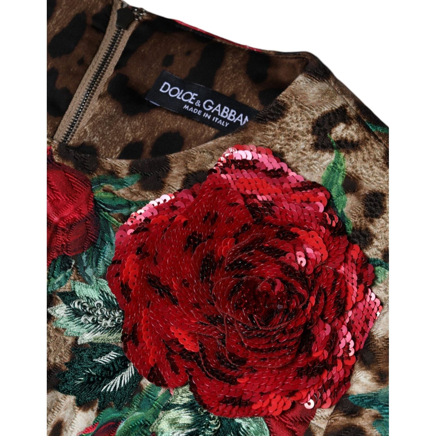 Dolce & Gabbana Brown Leopard Red Roses Cotton A-line Dress Dolce & Gabbana