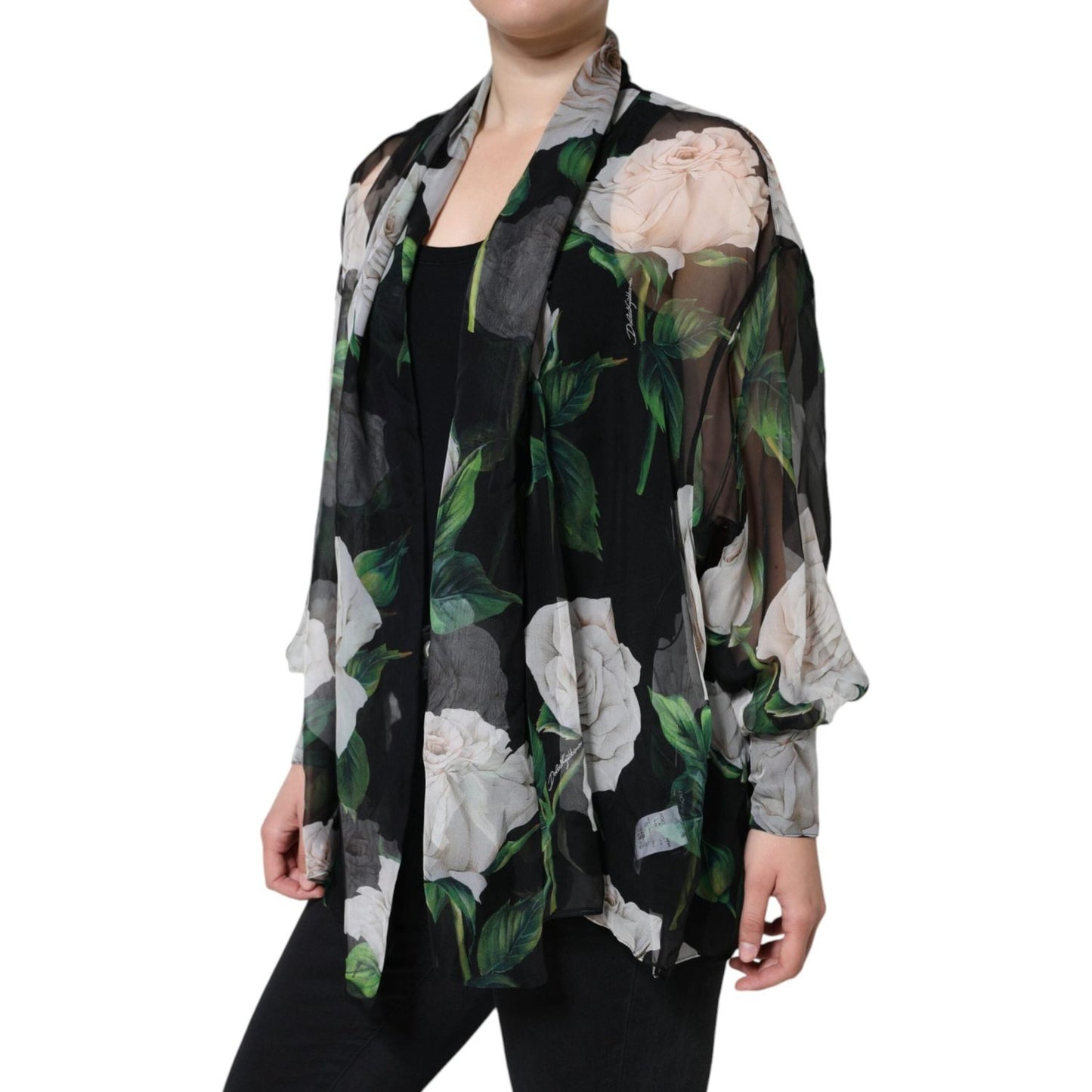 Dolce & Gabbana Black Floral Print Silk Cardigan Blouse Top Dolce & Gabbana