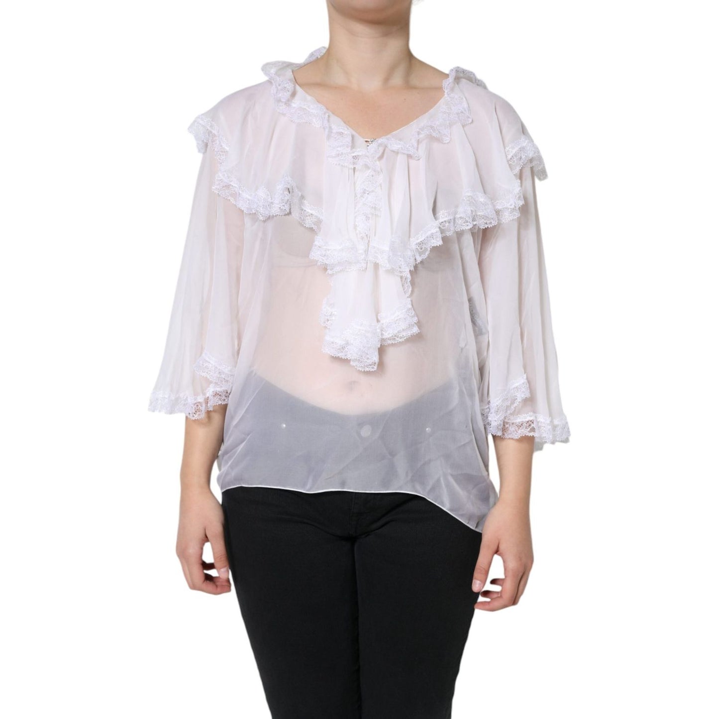 Dolce & Gabbana White Ruffles Lace Long Sleeve Blouse Top Dolce & Gabbana