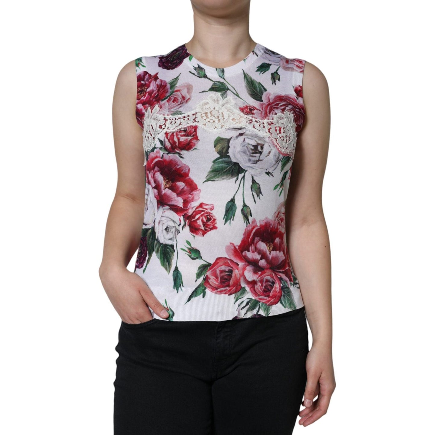 Dolce & Gabbana White Floral Lace Silk Sleeveless Tank Top Dolce & Gabbana