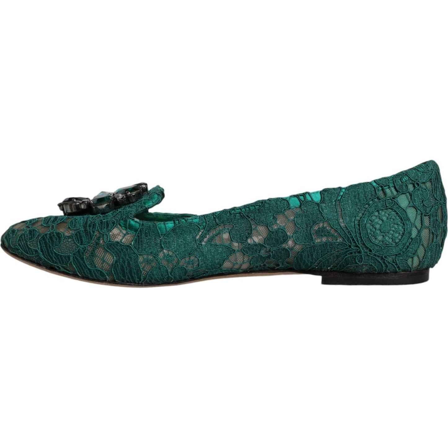 Dolce & Gabbana Green Lace Crystal Ballet Flats Loafers Shoes Dolce & Gabbana