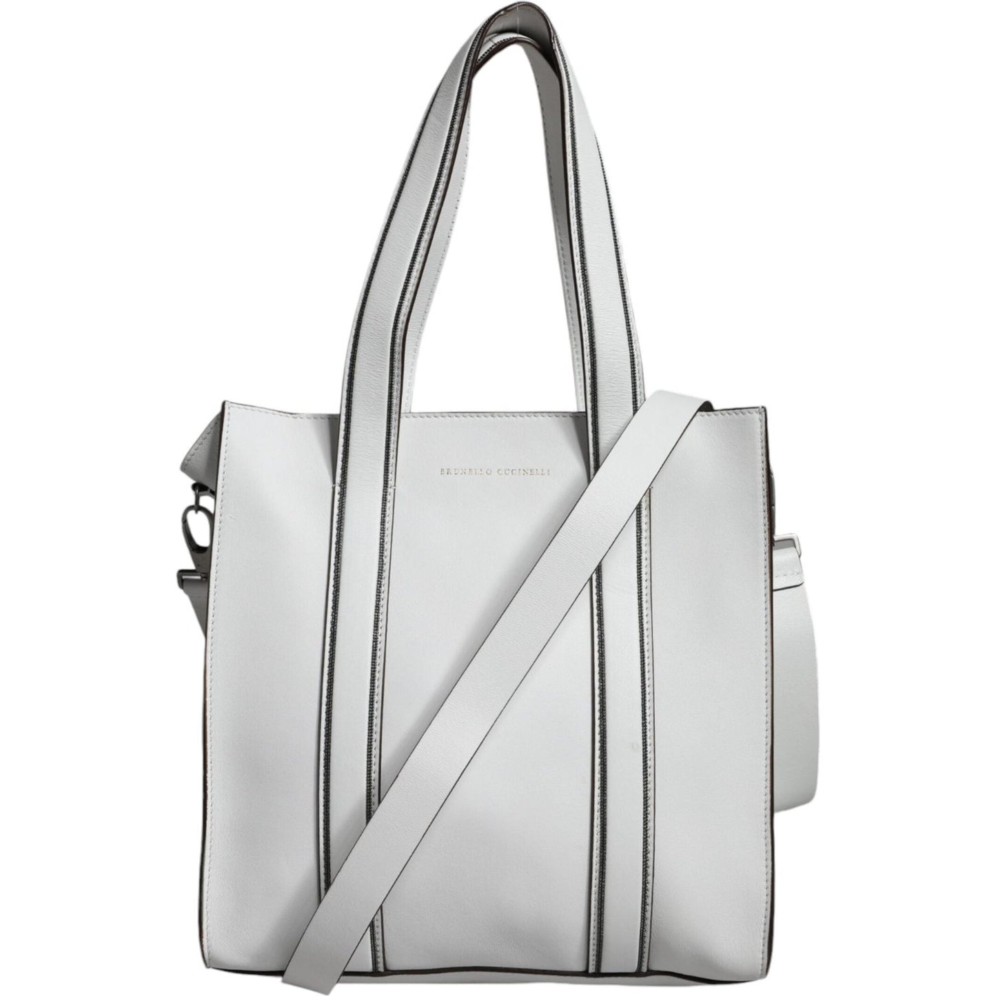 Brunello Cucinelli White Leather Logo Shoulder Strap Shopping Tote Bag Brunello Cucinelli