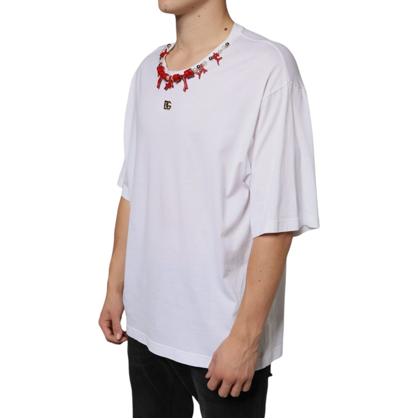 Dolce & Gabbana White Cotton Necklace Embellished T-shirt Dolce & Gabbana