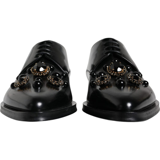 Dolce & Gabbana Black Leather Crystal Lace Up Formal Shoes Dolce & Gabbana