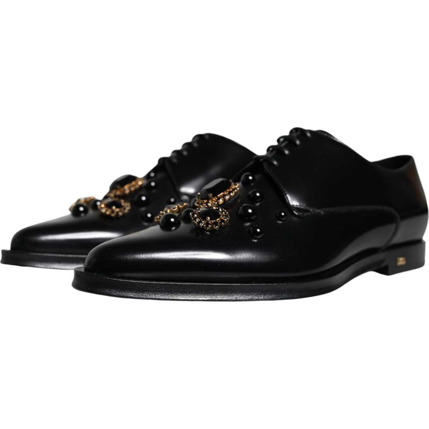 Dolce & Gabbana Black Leather Crystal Lace Up Formal Shoes Dolce & Gabbana