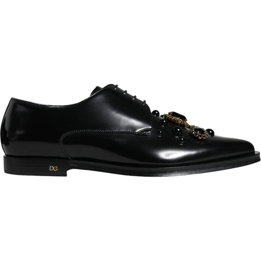 Dolce & Gabbana Black Leather Crystal Lace Up Formal Shoes Dolce & Gabbana