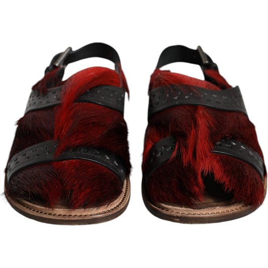 Dolce & Gabbana Black Red Gazelle Hair Leather Sandals Shoes Dolce & Gabbana