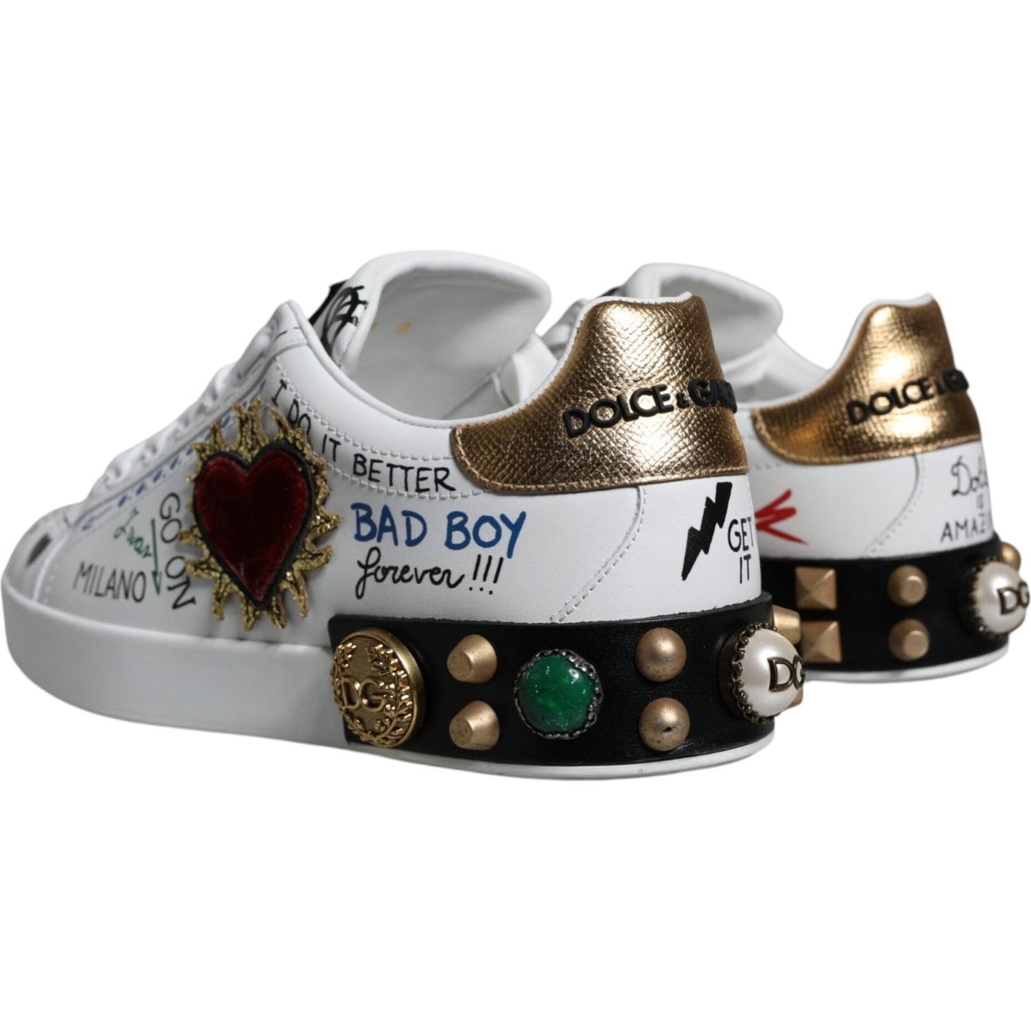 Dolce & Gabbana White Heart Studded Low Top Sneakers Shoes Dolce & Gabbana