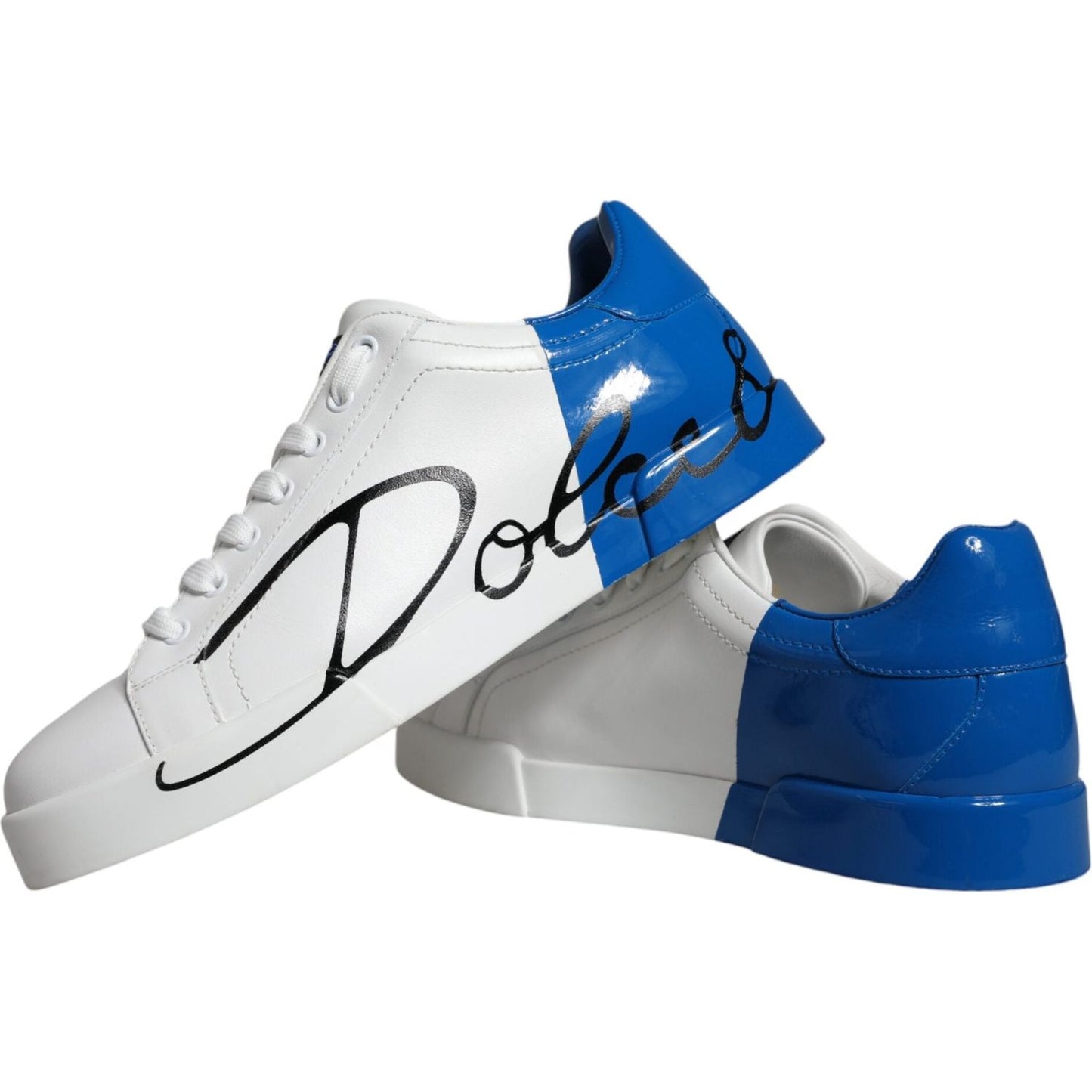 Dolce & Gabbana White Blue Leather Logo Low Top Sneakers Shoes Dolce & Gabbana