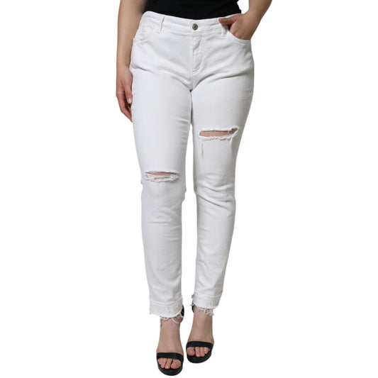 Dolce & Gabbana White Cotton Stretch Tattered Skinny Jeans