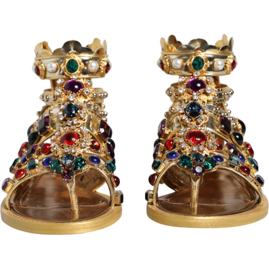 Dolce & Gabbana Gold Leather Crystal Gladiator Sandals Flats Shoes Dolce & Gabbana