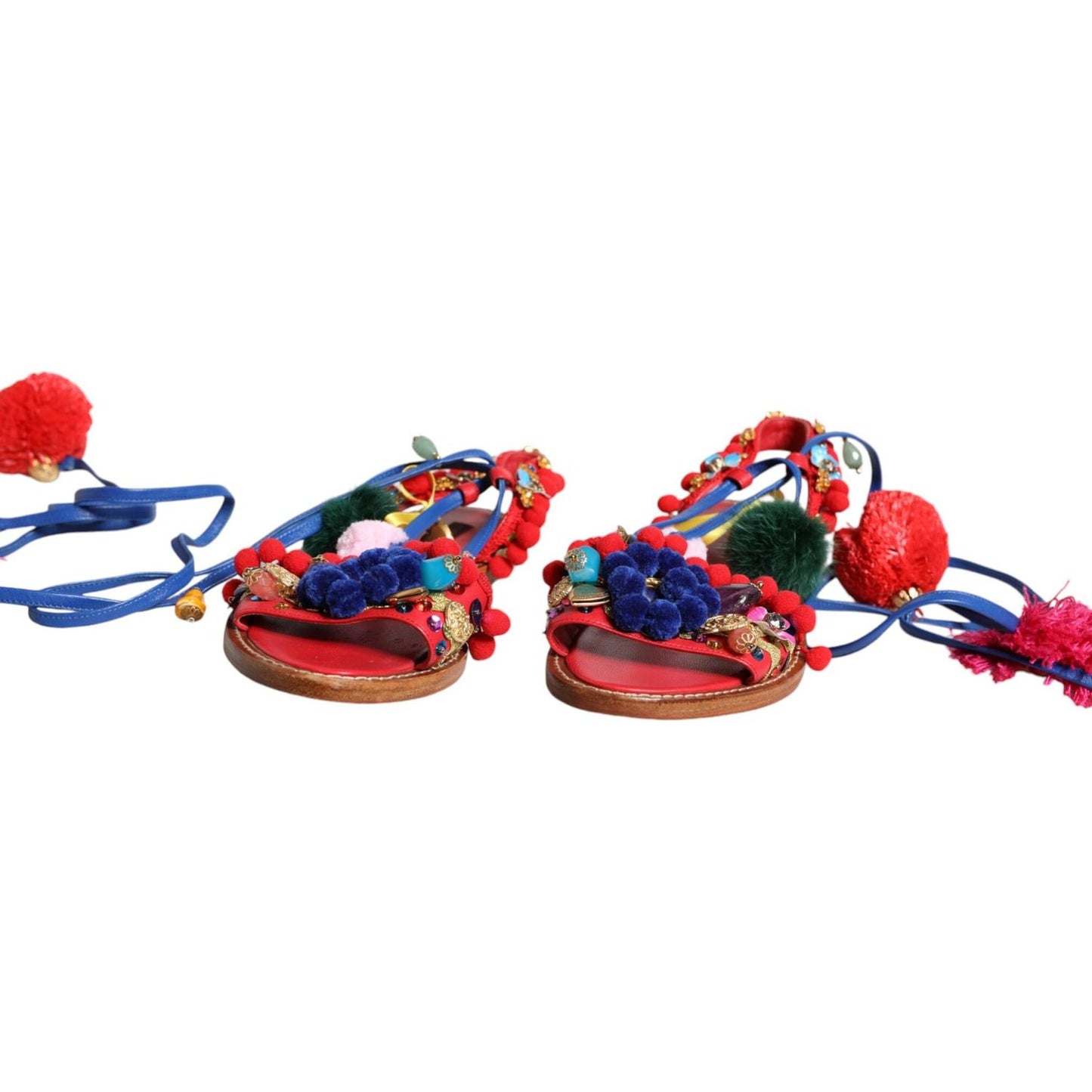 Dolce & Gabbana Multicolor Pom Pom Fur Wrap Sandals Shoes Dolce & Gabbana