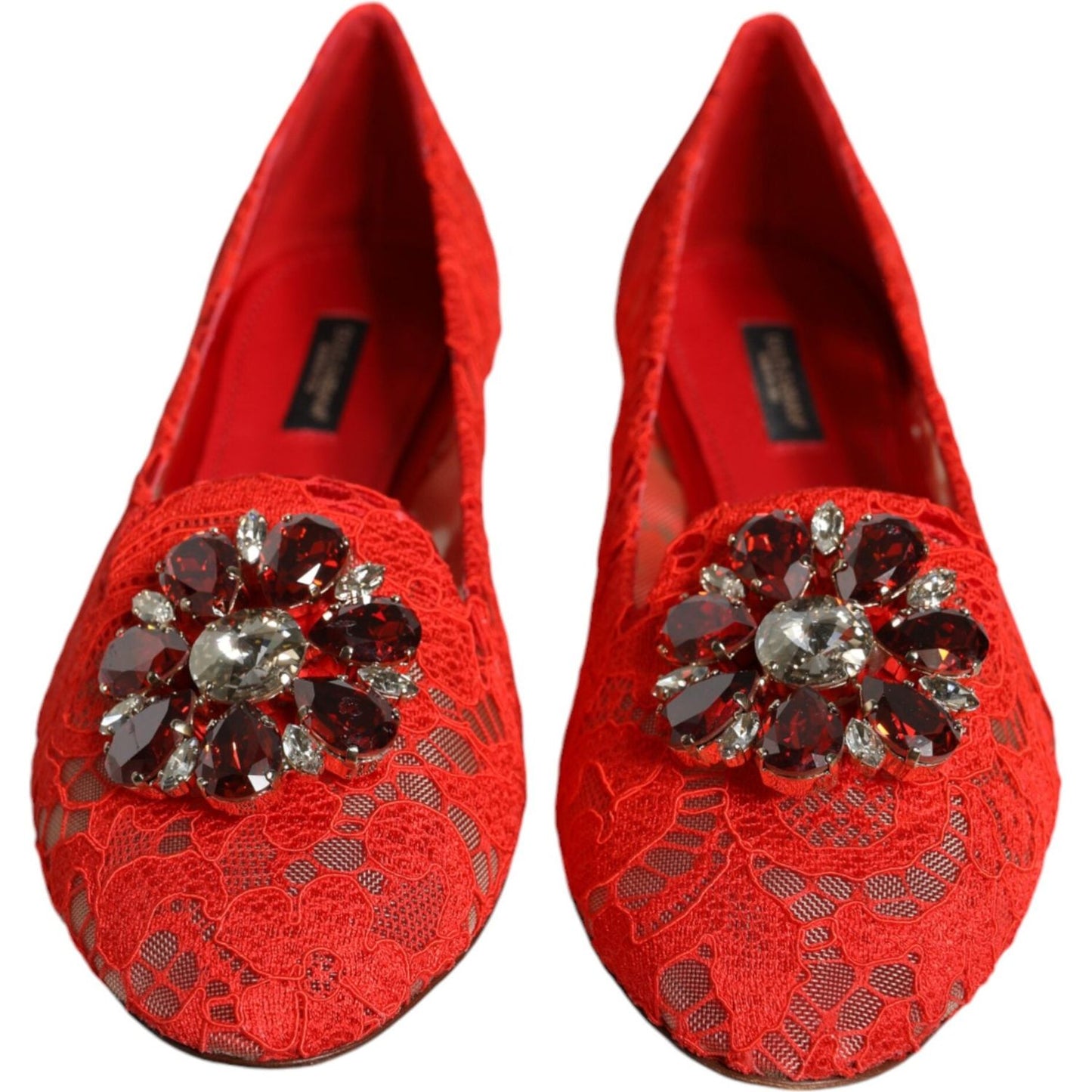 Dolce & Gabbana Red Lace Crystal Ballet Flats Loafers Shoes Dolce & Gabbana