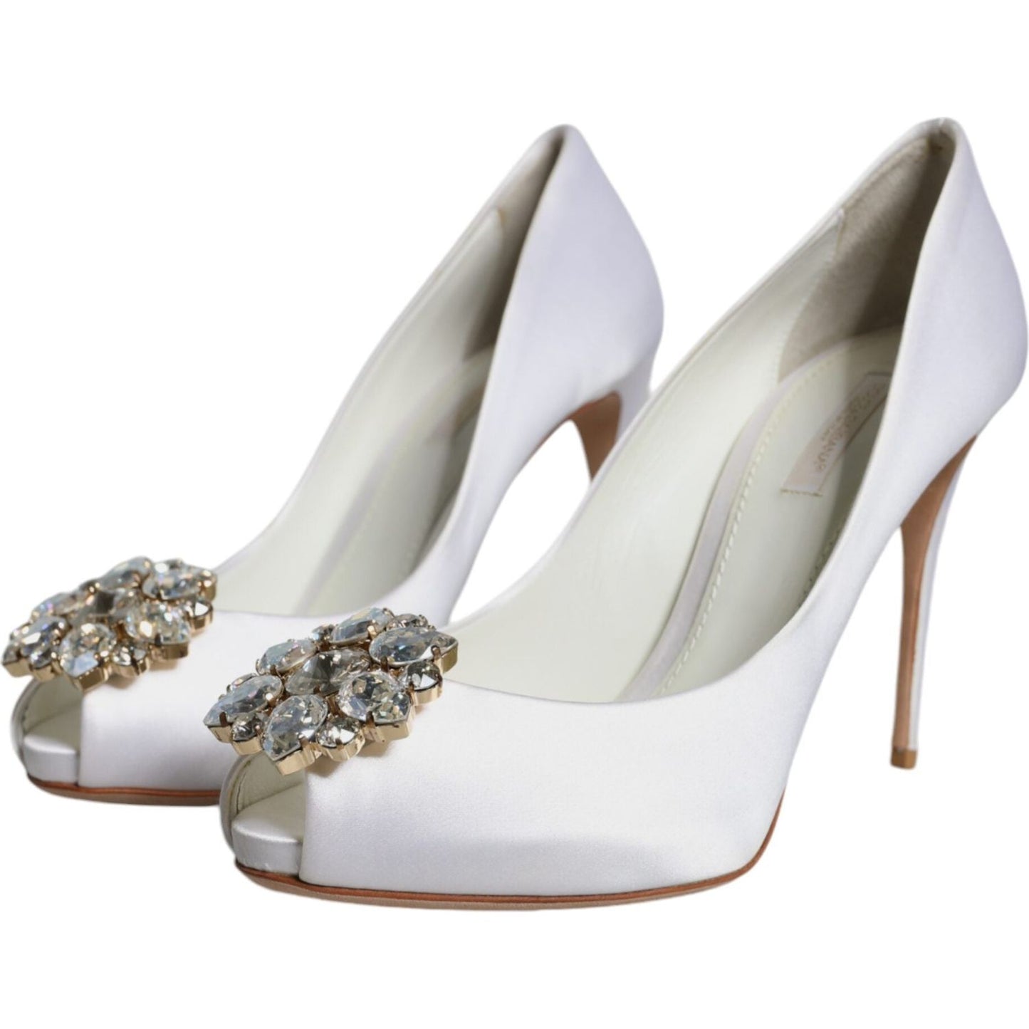 Dolce & Gabbana White Crystals Peep Toe Satin Pumps Shoes Dolce & Gabbana