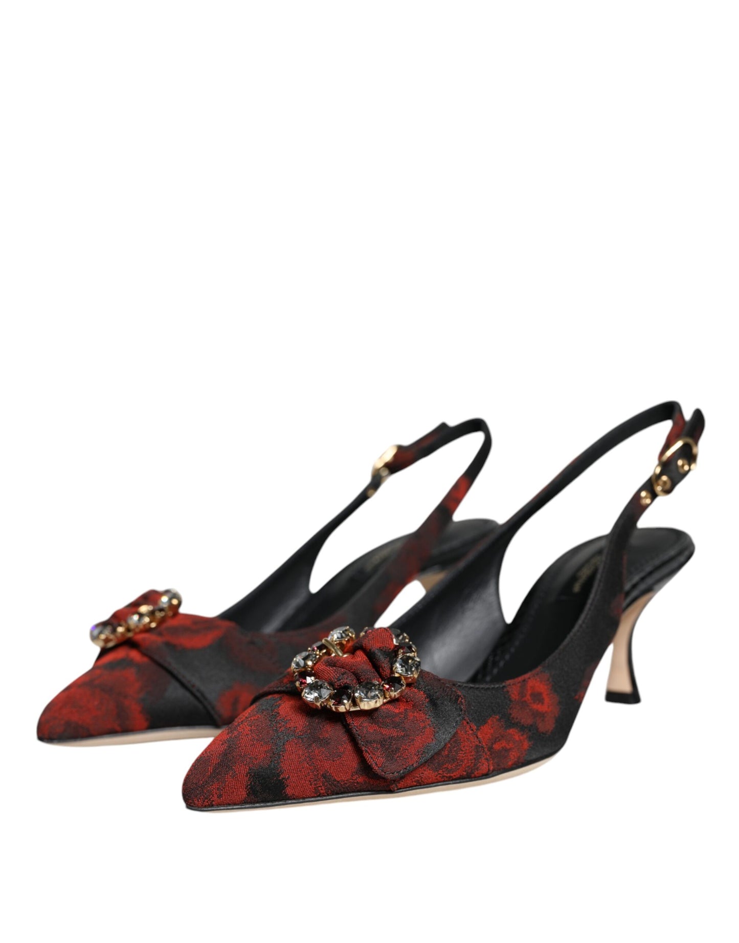 Dolce & Gabbana Black Red Floral Crystal Heel Slingback Shoes Dolce & Gabbana