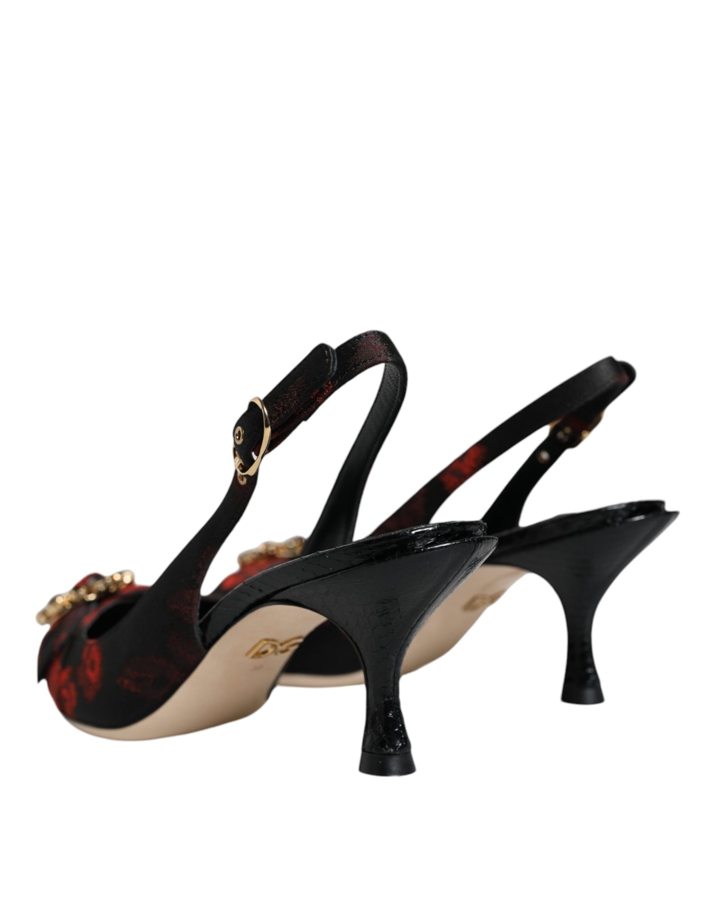 Dolce & Gabbana Black Red Floral Crystal Heel Slingback Shoes Dolce & Gabbana