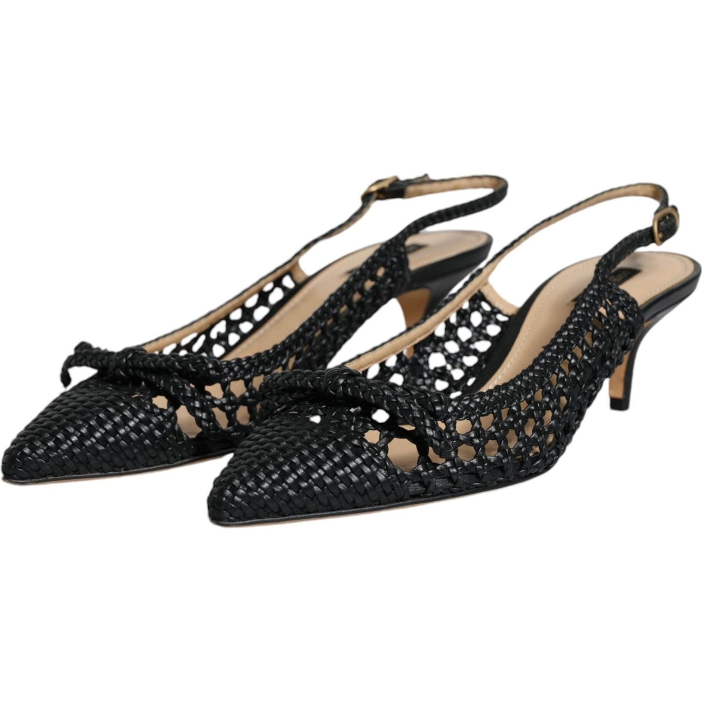 Dolce & Gabbana Black Leather Woven Heels Slingback Shoes Dolce & Gabbana