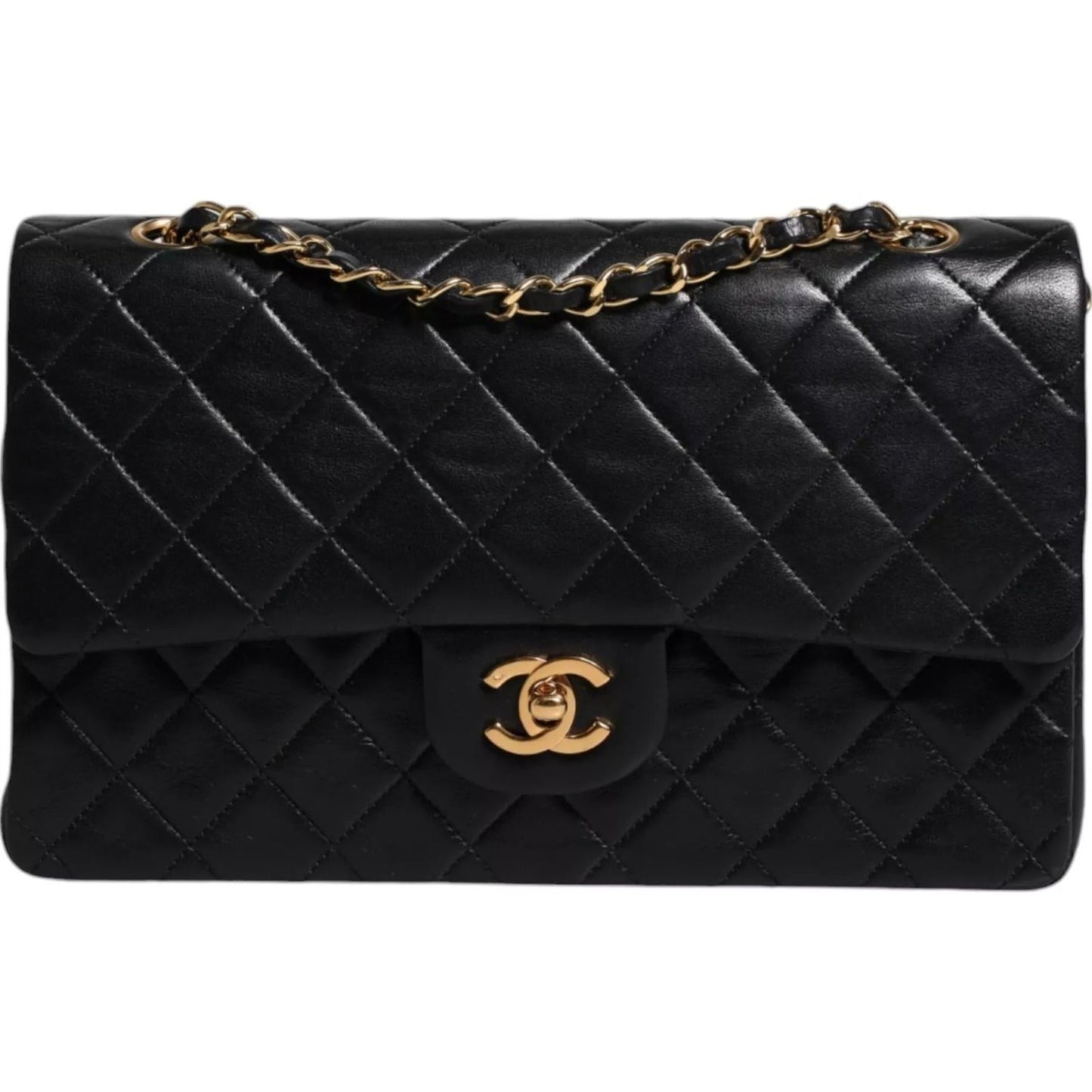 Chanel Black Lambskin Medium Classic Double Flap Quilted Gold Shoulder Bag Chanel