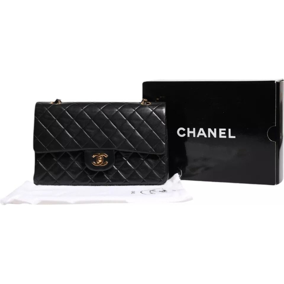 Chanel Black Lambskin Medium Classic Double Flap Quilted Gold Shoulder Bag Chanel