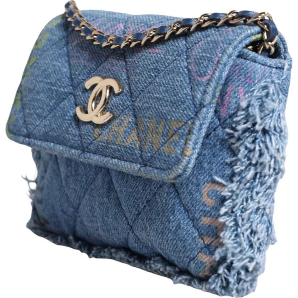 Chanel Denim Mood Flap Micro Logo Printed Fringed Shoulder Bag Chanel