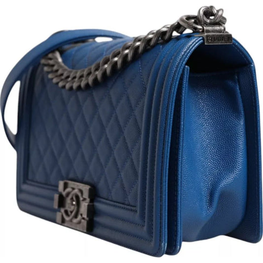 Chanel Blue Lambskin Double Chain Leather Medium Shoulder Bag Chanel