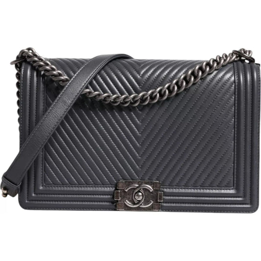 Chanel Gray Large Lambskin Chevron Double Chain Shoulder Silver Leather Bag Chanel