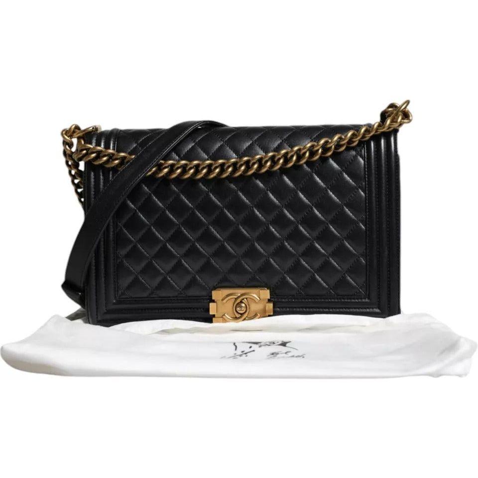 Chanel Black Large Lambskin Double Chain Gold Leather Shoulder Bag Chanel