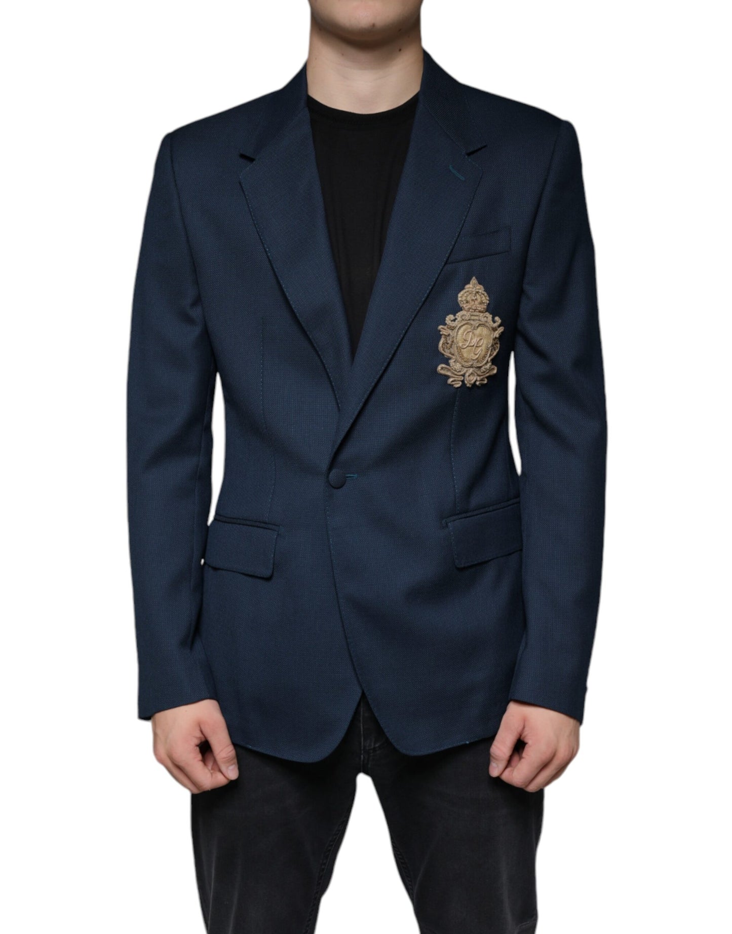 Dolce & Gabbana Blue Wool Logo Single Breasted Coat Blazer Dolce & Gabbana