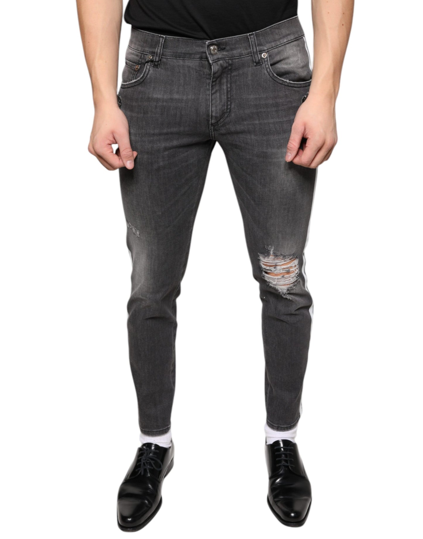 Dolce & Gabbana Black Tattered Cotton Skinny Men Denim Jeans Dolce & Gabbana