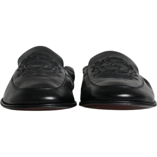 Dolce & Gabbana Black Logo Embroidered Leather Loafer Men Dress Shoes