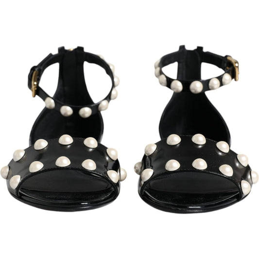 Dolce & Gabbana Black Leather Pearls Ankle Strap Sandals Shoes