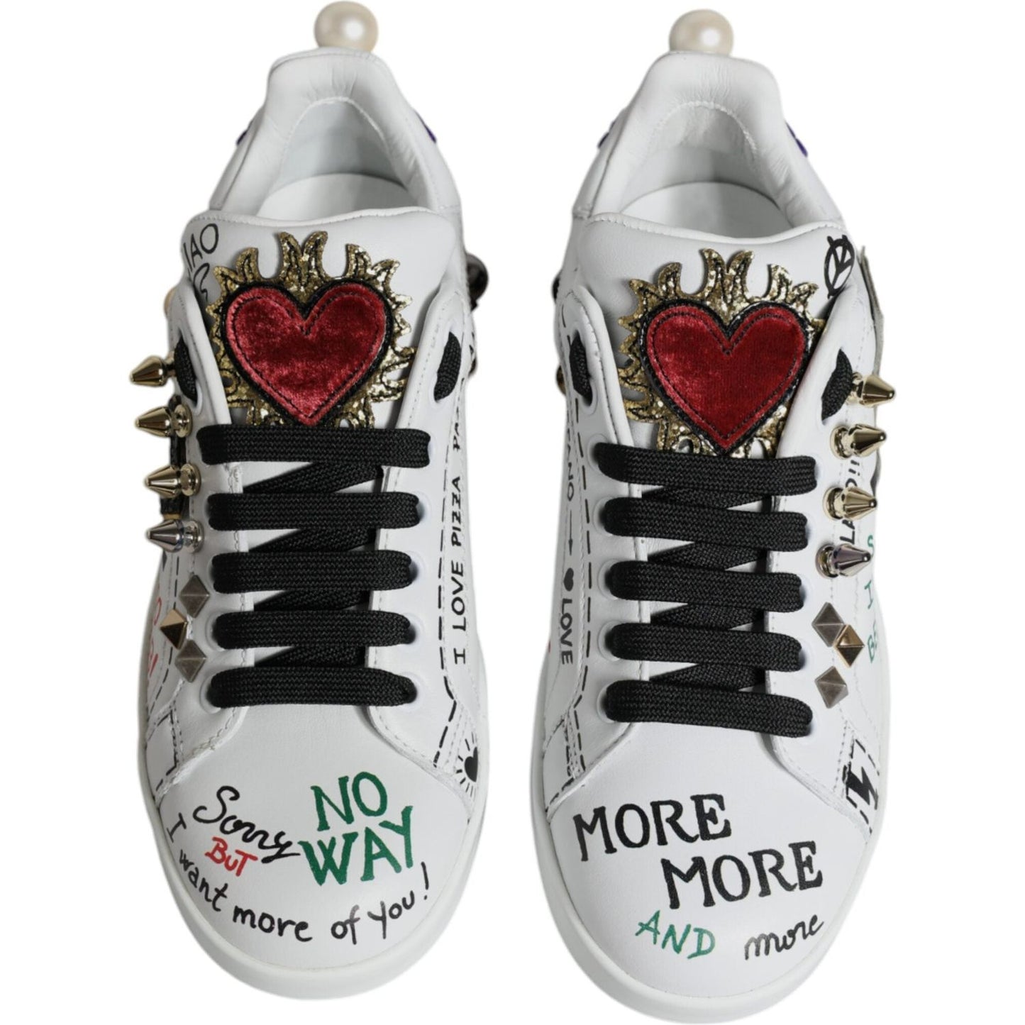 Dolce & Gabbana White Heart Studded Low Top Sneakers Shoes Dolce & Gabbana