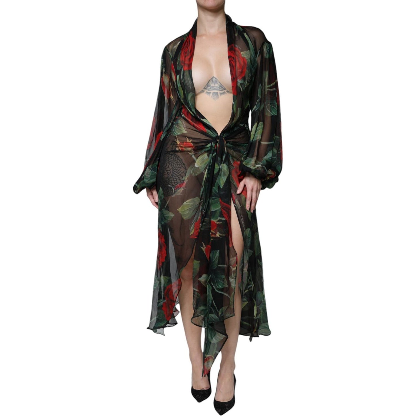 Dolce & Gabbana Black Floral Silk Wrap See Through Dress Dolce & Gabbana