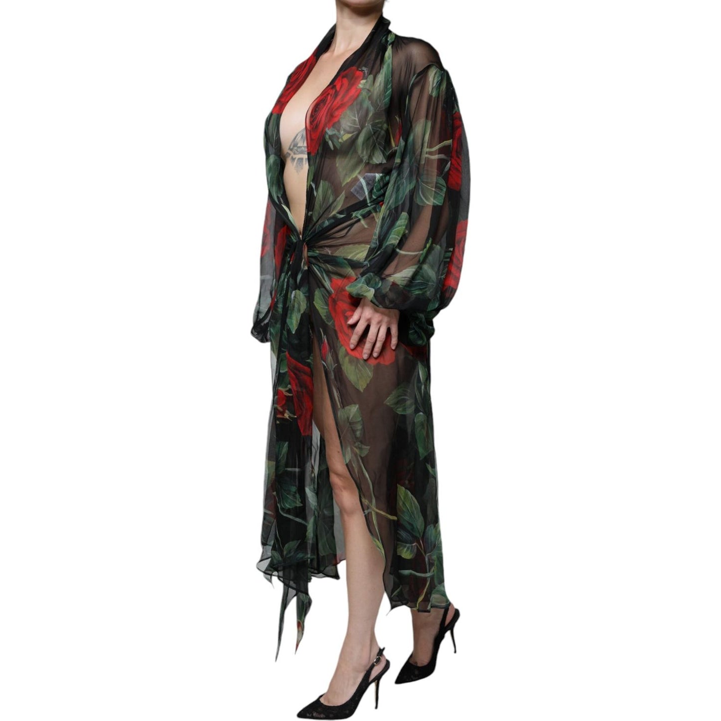 Dolce & Gabbana Black Floral Silk Wrap See Through Dress Dolce & Gabbana