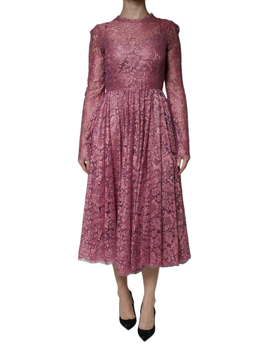 Dolce & Gabbana Fuchsia Floral Lace Long Sleeve Maxi Dress