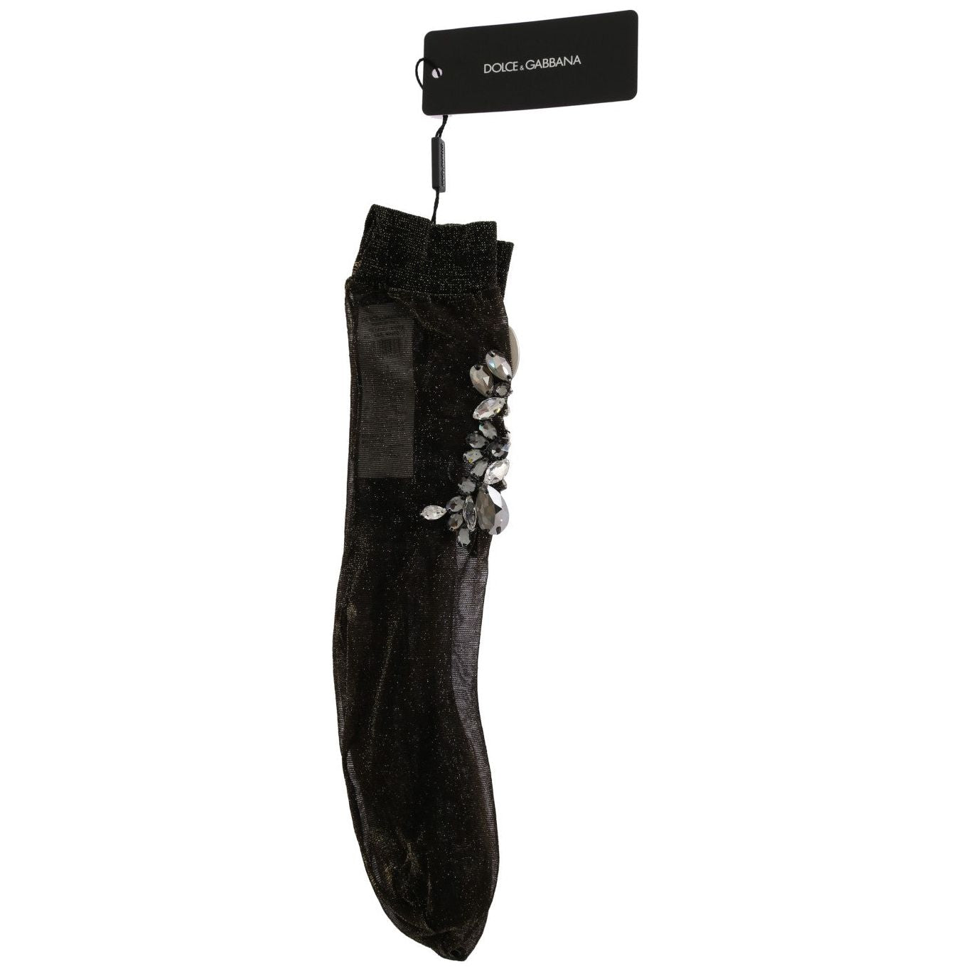Dolce & Gabbana Black Stretch Floral Clear Crystal Socks