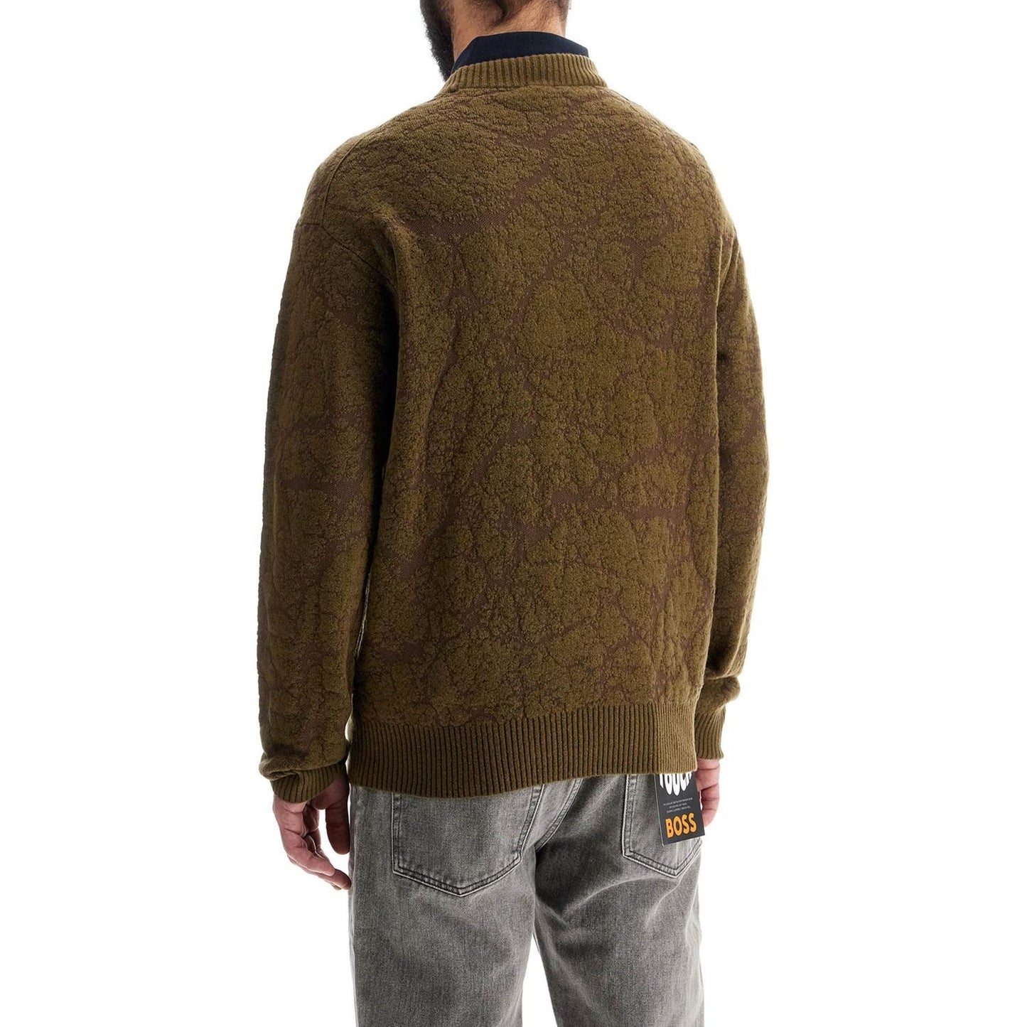 Boss olive green wool sweater with round neck for men Knitwear Boss