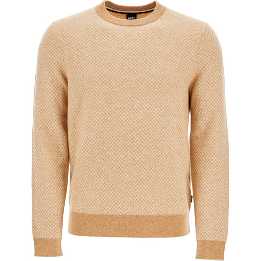 Boss maglia h-eltoro rombo beige medio lana e cotone collo rotondo manica lunga