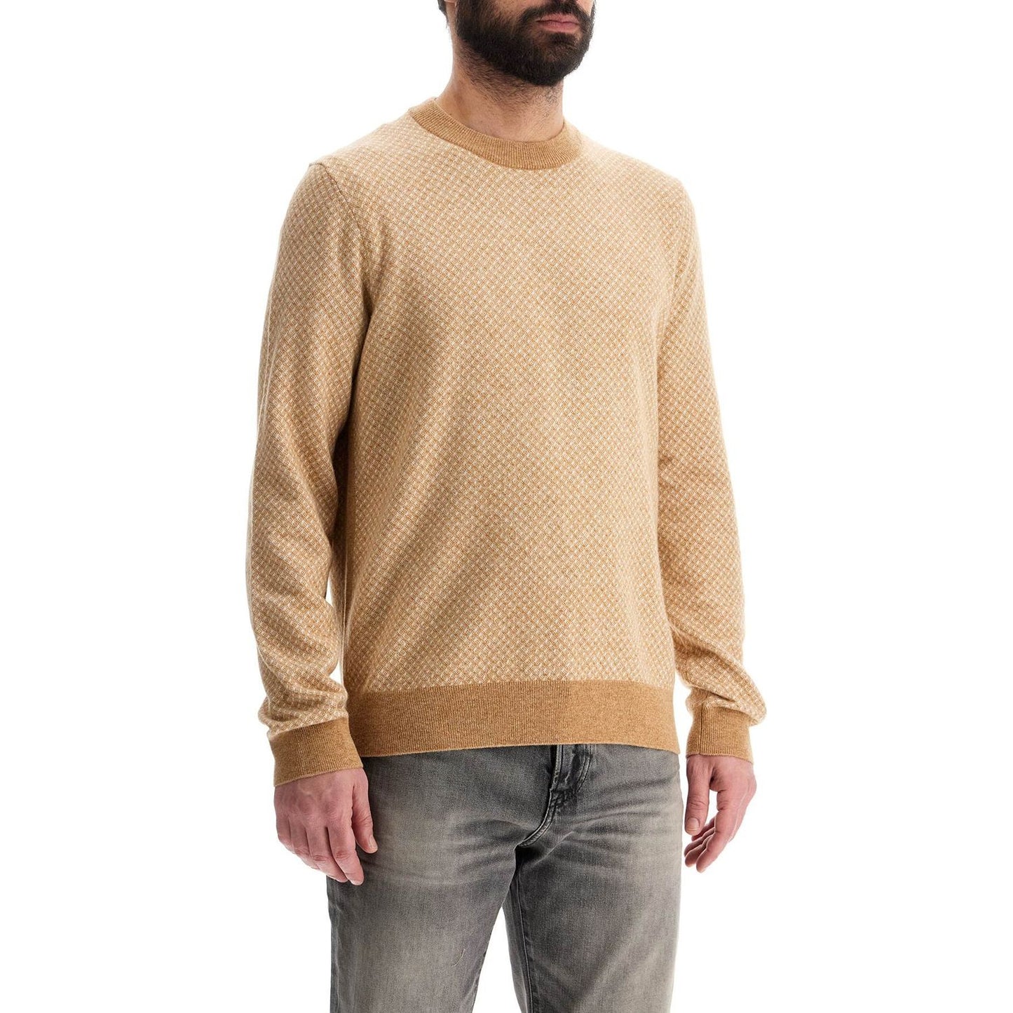 Boss maglia h-eltoro rombo beige medio lana e cotone collo rotondo manica lunga