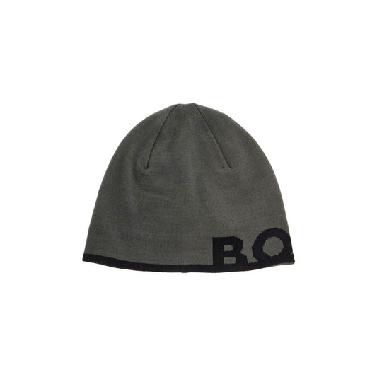 Boss elegant dark gray wool and acrylic beanie with contrasting logo Scarves Hats & Gloves Boss