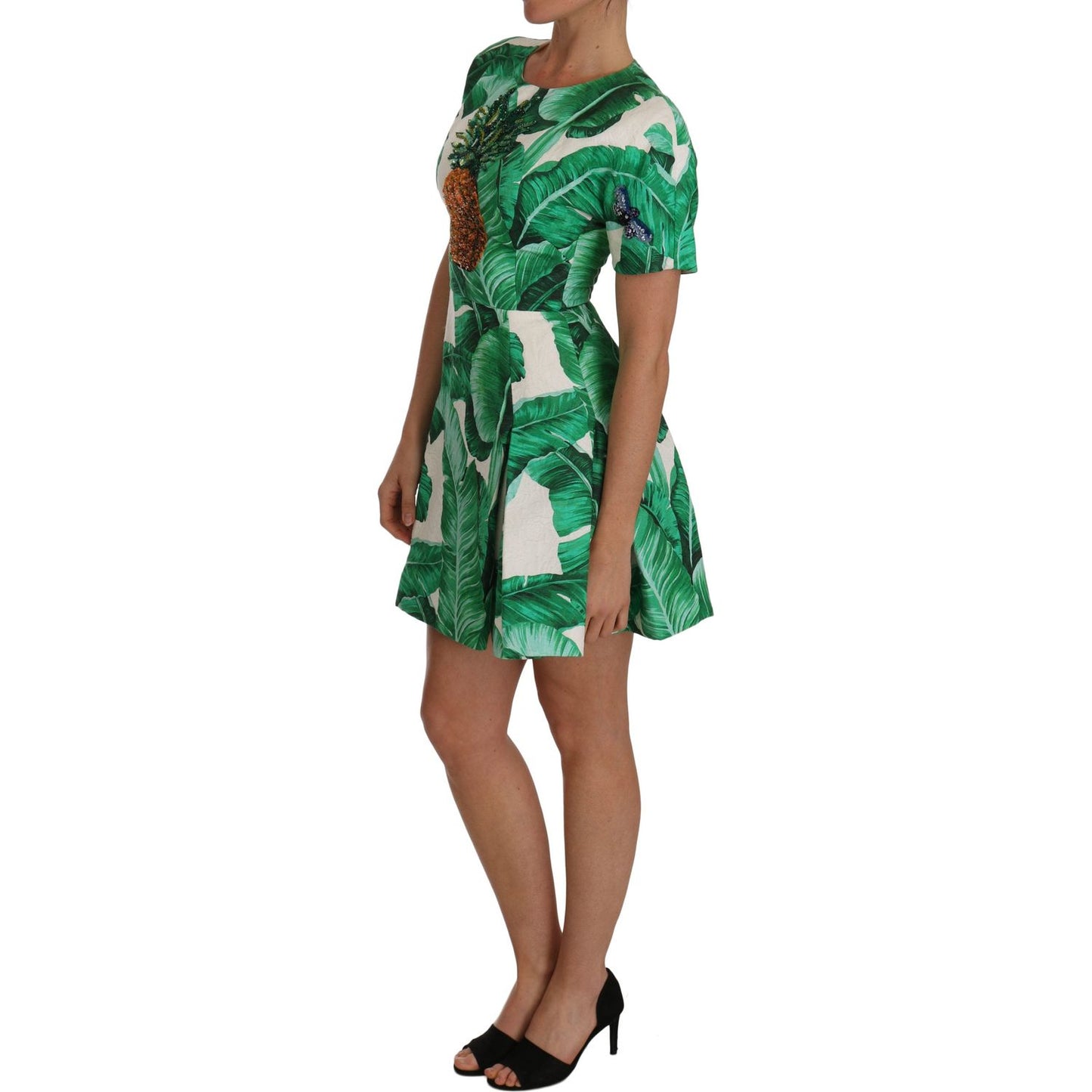 Dolce & Gabbana Elegant Green Banana Leaf Print A-Line Dress Dolce & Gabbana