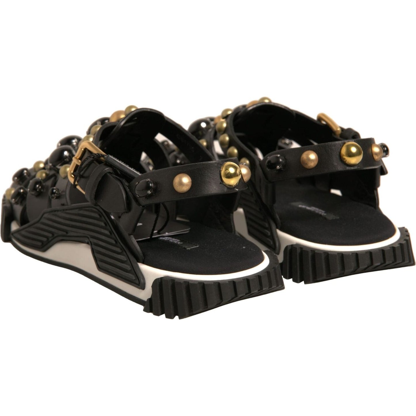 Dolce & Gabbana Black Leather Studded Slides Sandals Shoes