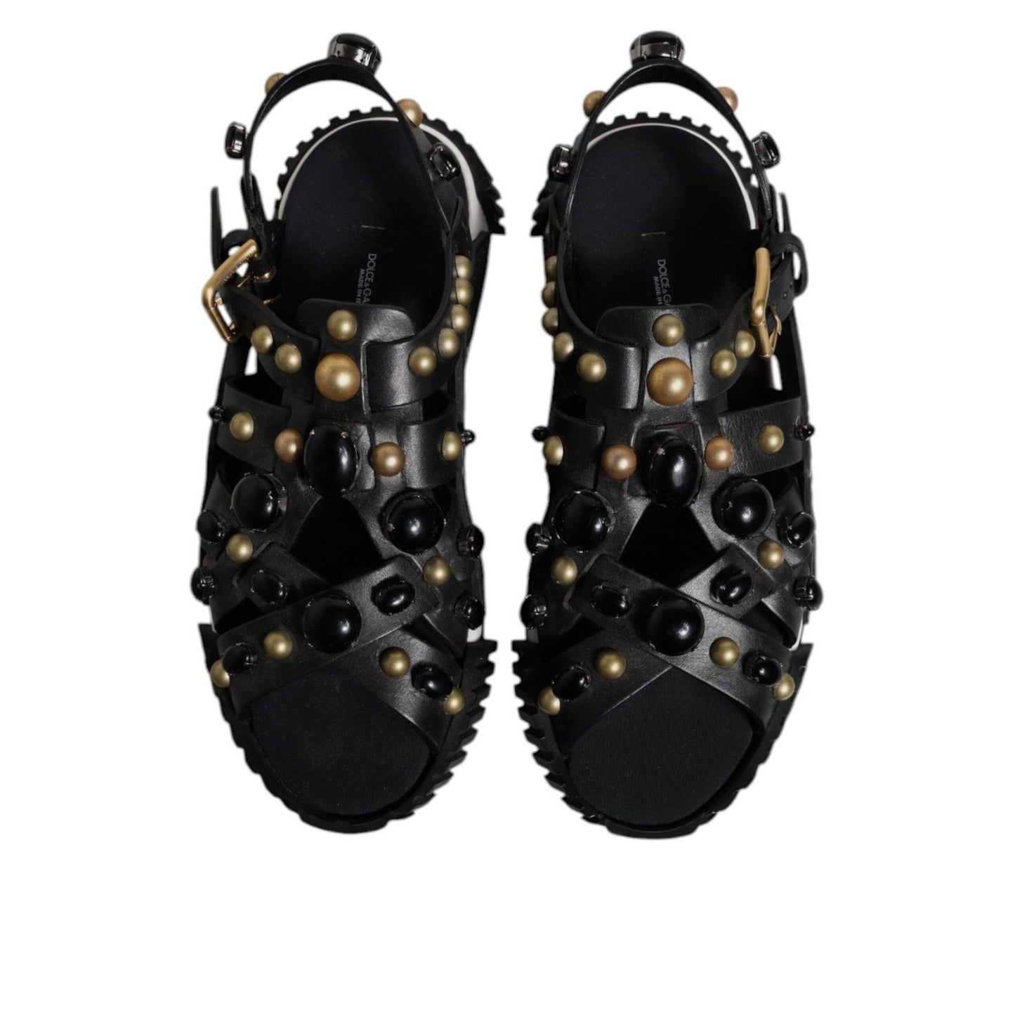 Dolce & Gabbana Black Leather Studded Slides Sandals Shoes